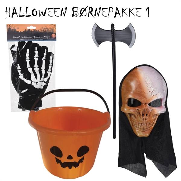 Halloween Børnepakke 1 - Spand, Maske, Handsker og en Økse