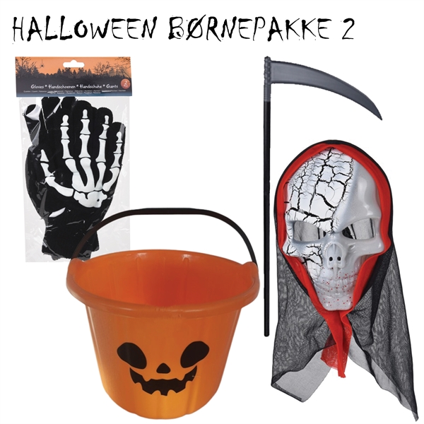 Halloween Børnepakke 2 Spand, Handsker, Le og Maske